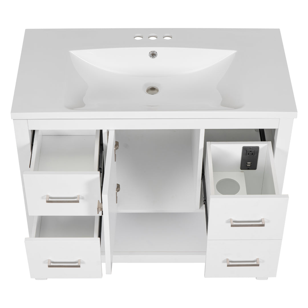 36" White Modern Bathroom Vanity with USB,Two Shallow Drawers, One Deep Drawer,One door,Single Resin Sink,Small Bathroom Organization Cabinet