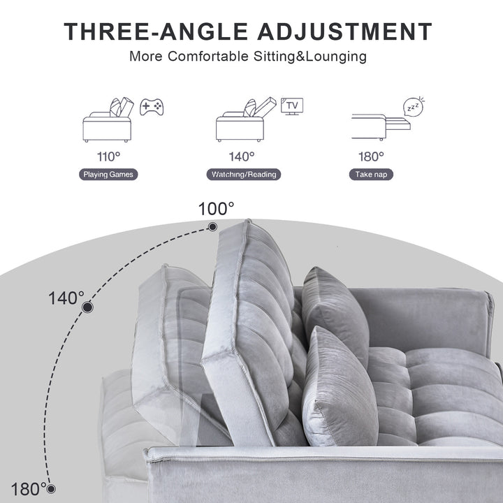 3 in 1 Convertible Sleeper Sofa Bed,  Modern Pull Out Couch Bed, Adjustable Backrest, Velvet Loveseat Futon Sofa with Pillows & Pockets for Living Room Apartment, Grey