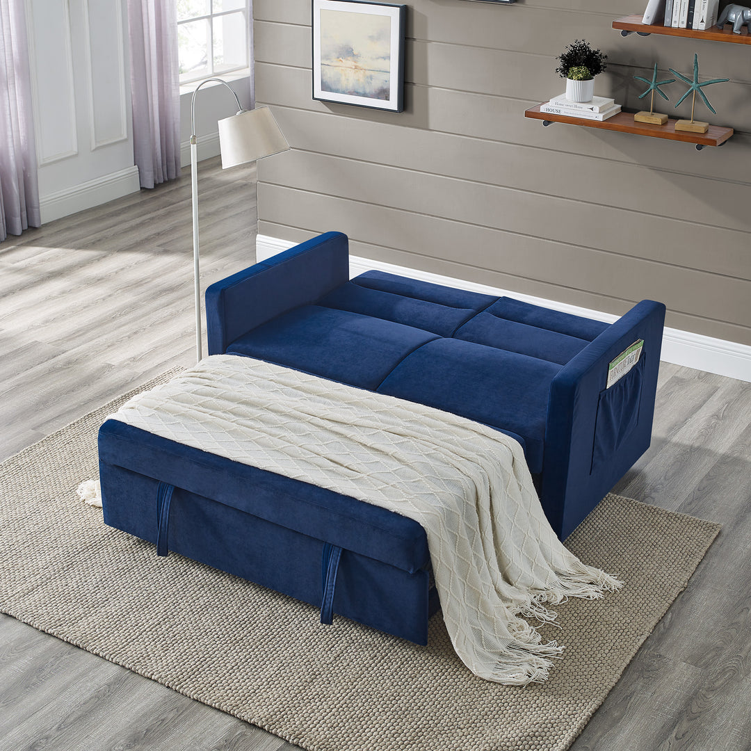 Loveseats Sofa Bed with Pull-out Bed,Adjsutable Back and Two Arm Pocket,Blue (54.5"x33"x31.5")