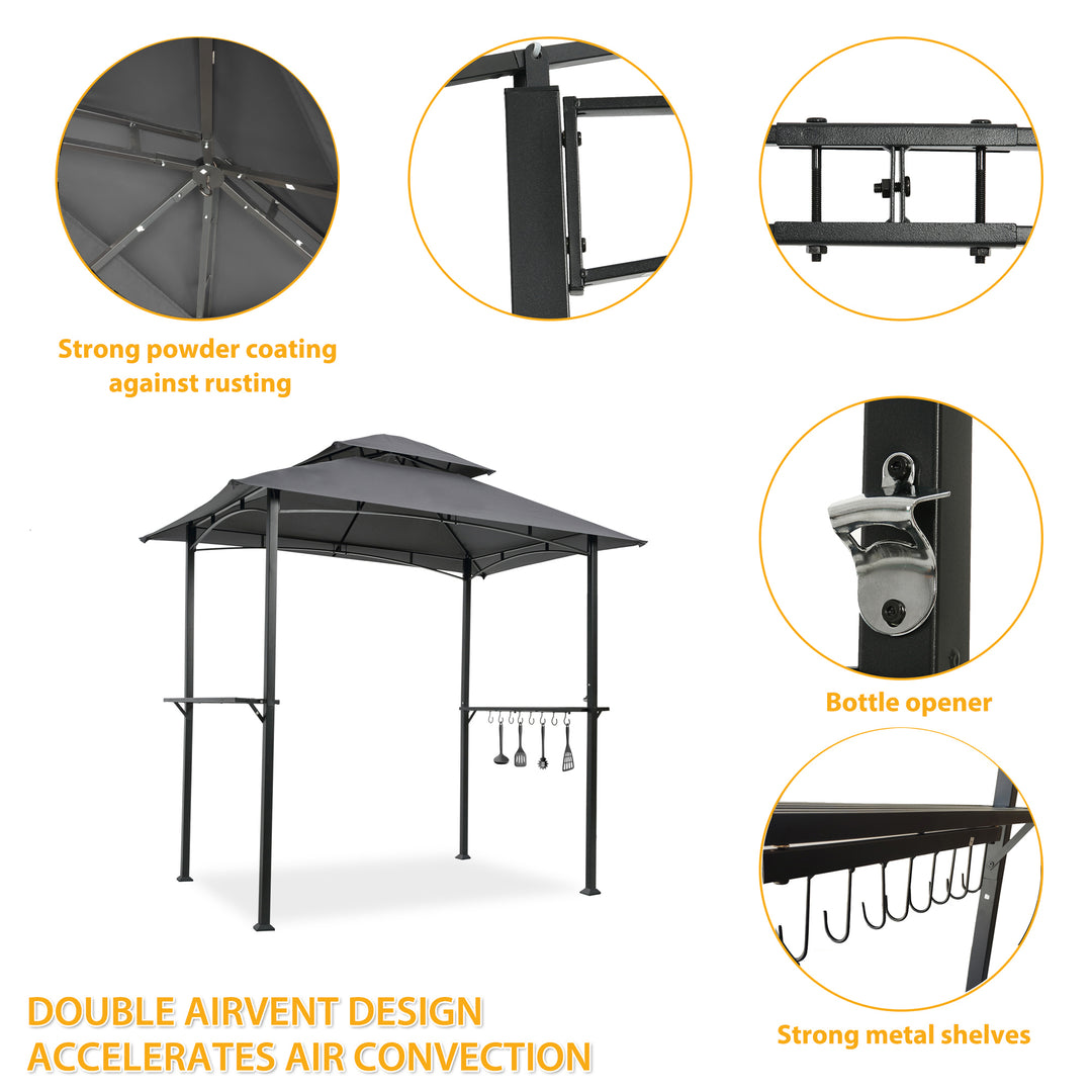 Outdoor Grill Gazebo 8 x 5 Ft, Shelter Tent, Double Tier Soft Top Canopy and Steel Frame with hook and Bar Counters, Grey