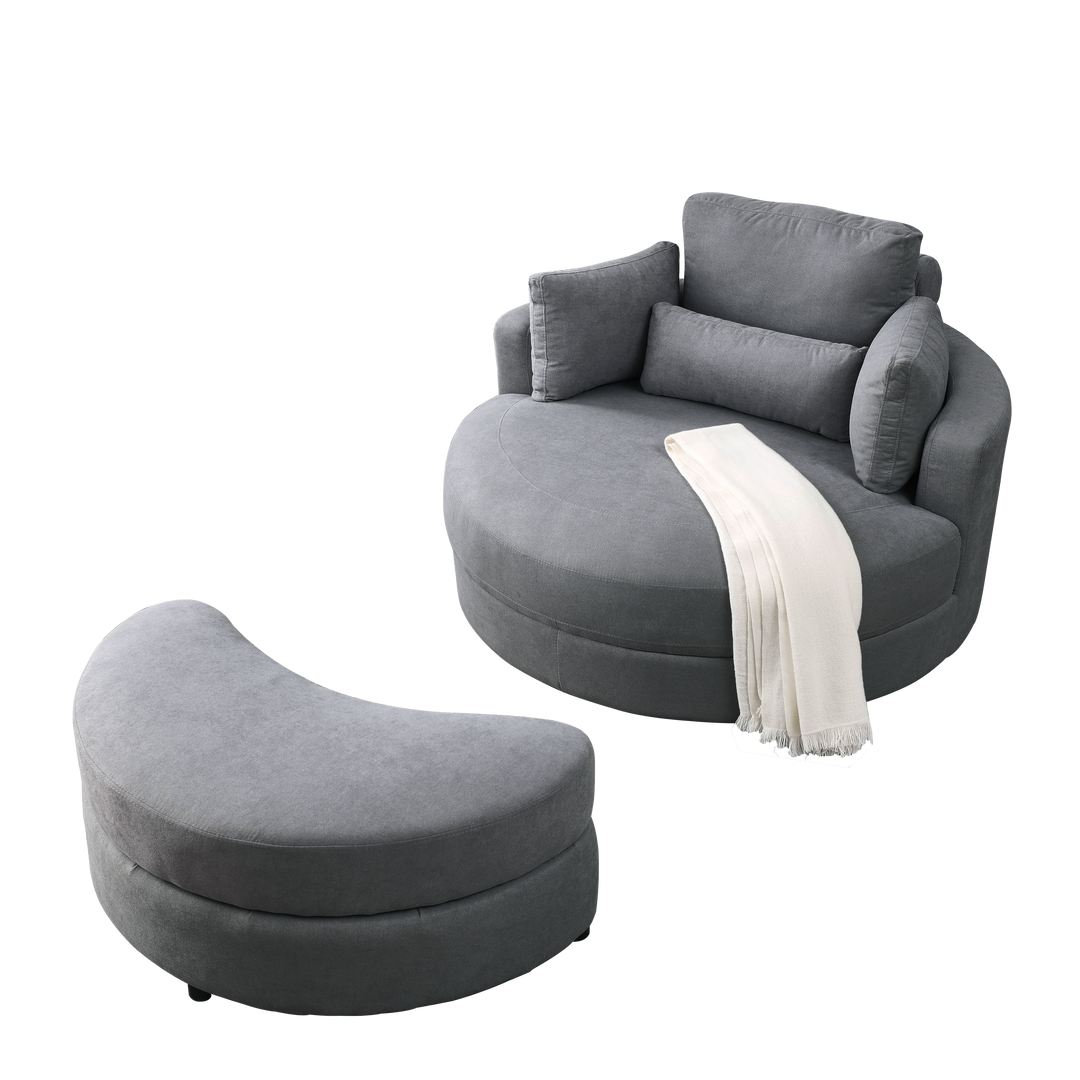 [Video] Welike Swivel Accent Barrel Modern Dark Grey Sofa Lounge Club Big Round Chair with Storage Ottoman Linen Fabric for Living Room Hotel with Pillows