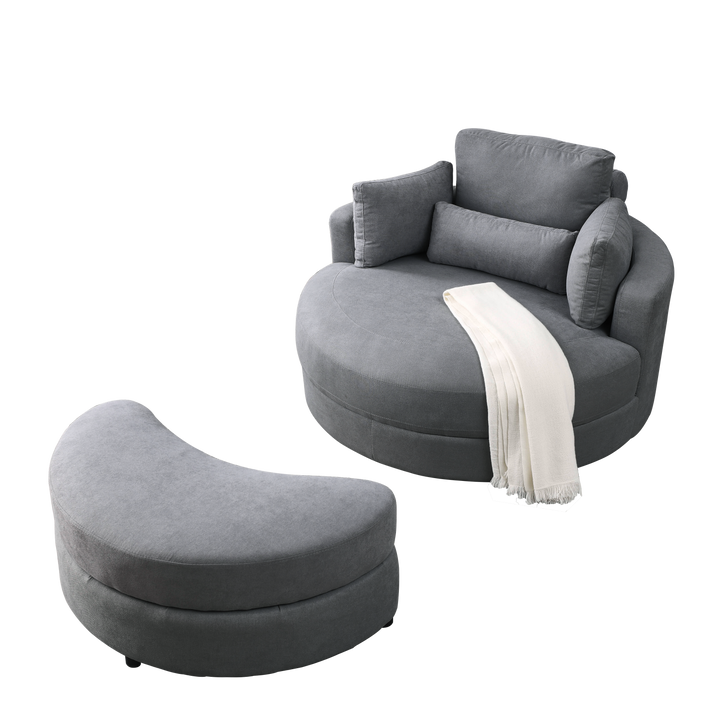 [Video] Welike Swivel Accent Barrel Modern Dark Grey Sofa Lounge Club Big Round Chair with Storage Ottoman Linen Fabric for Living Room Hotel with Pillows