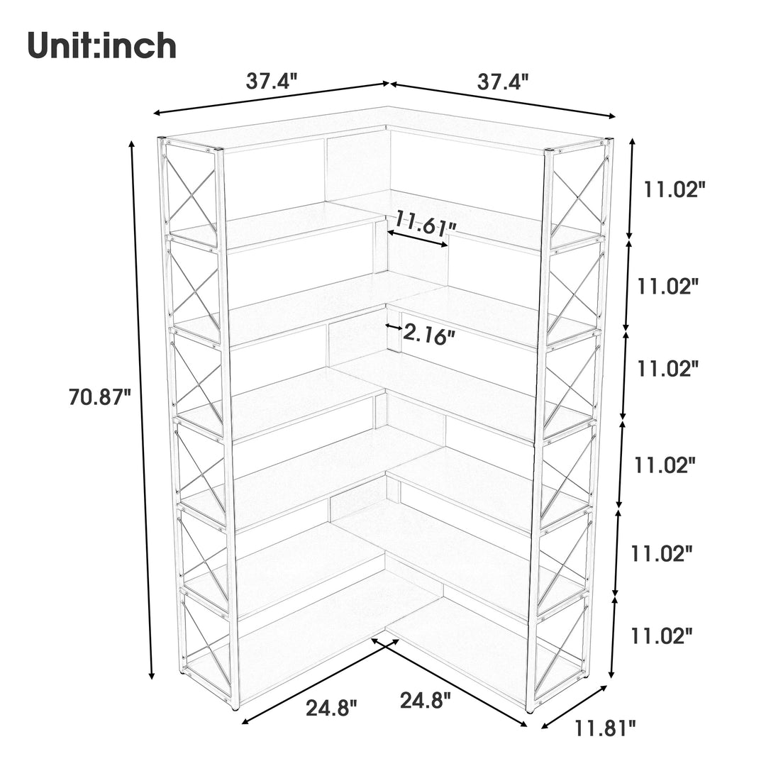 Silver+Grey 7-Tier Bookcase Home Office Bookshelf,  L-Shaped Corner Bookcase with Metal Frame, Industrial Style Shelf with Open Storage, MDF Board