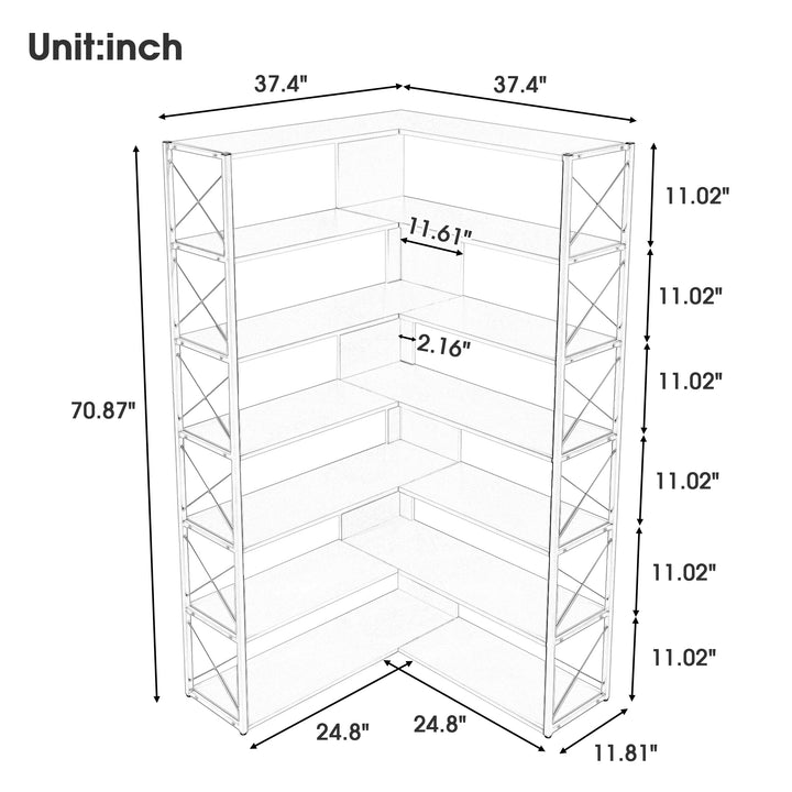 Silver+Grey 7-Tier Bookcase Home Office Bookshelf,  L-Shaped Corner Bookcase with Metal Frame, Industrial Style Shelf with Open Storage, MDF Board