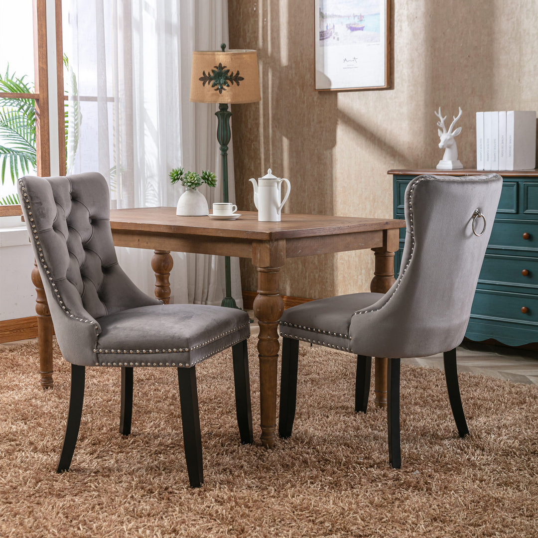 Nikki Collection Modern, High-end Tufted Solid Wood Contemporary Velvet Upholstered Dining Chair with Wood Legs Nailhead Trim 2-Pcs Set,Gray, SW2001GY