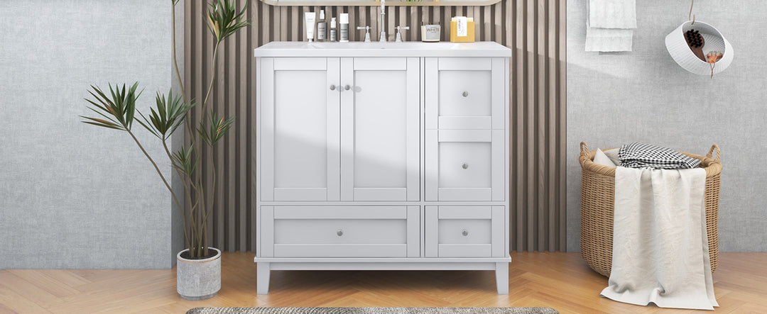 36 Inch Modern Bathroom Vanity with USB Charging, Two Doors and Three Drawers Bathroom Storage Vanity Cabinet, Small Bathroom Vanity cabinet with single sink , White & Gray Blue - Faucets Not Included