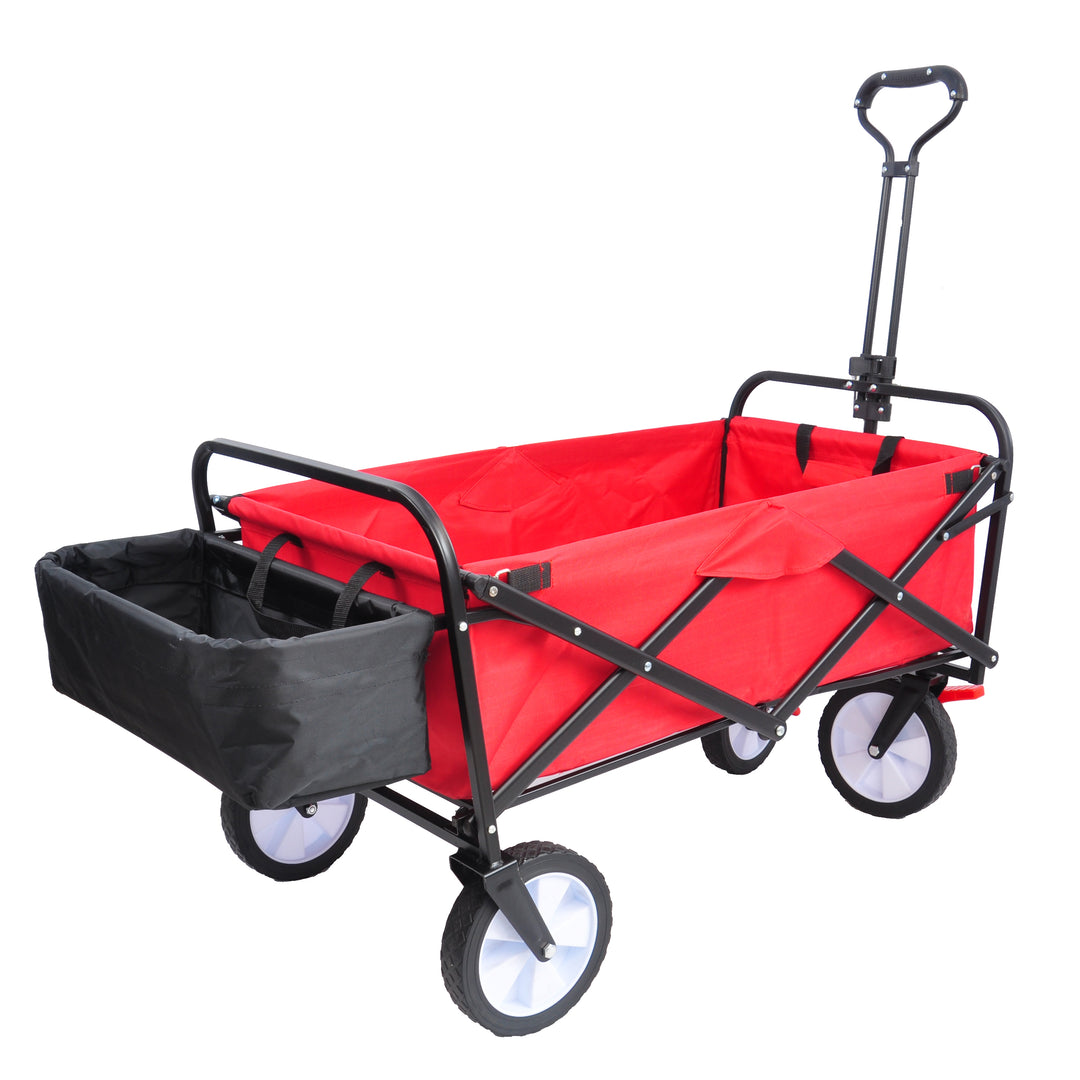 Folding station wagon garden shopping ATV with back frame and retractable handle.