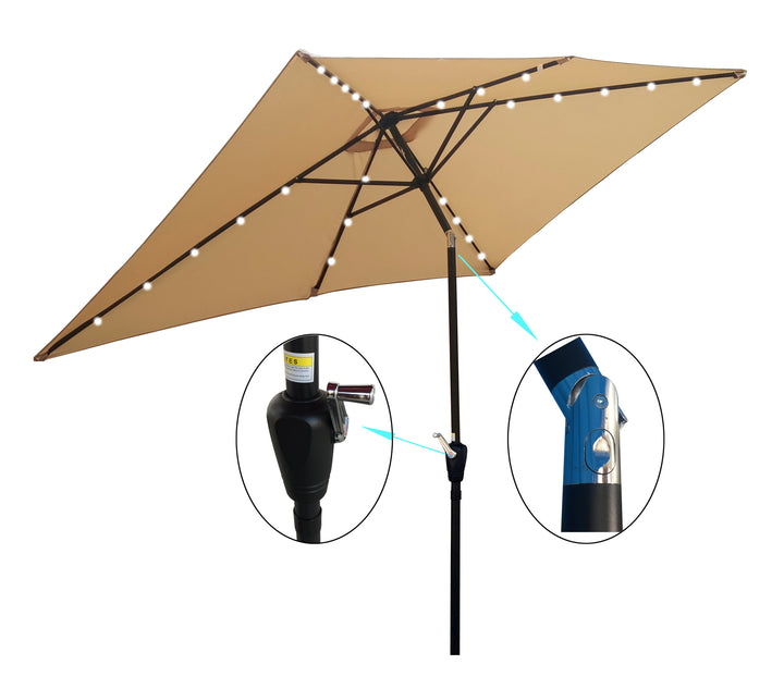 10 x 6.5t Rectangular Patio Solar LED Lighted Outdoor Market Umbrellas  with Crank and Push Button Tilt for Garden Shade Swimming Poo