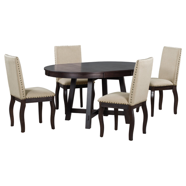 TREXM 5-Piece Farmhouse Dining Table Set Wood Round Extendable Dining Table and 4 Upholstered Dining Chairs (Espresso)