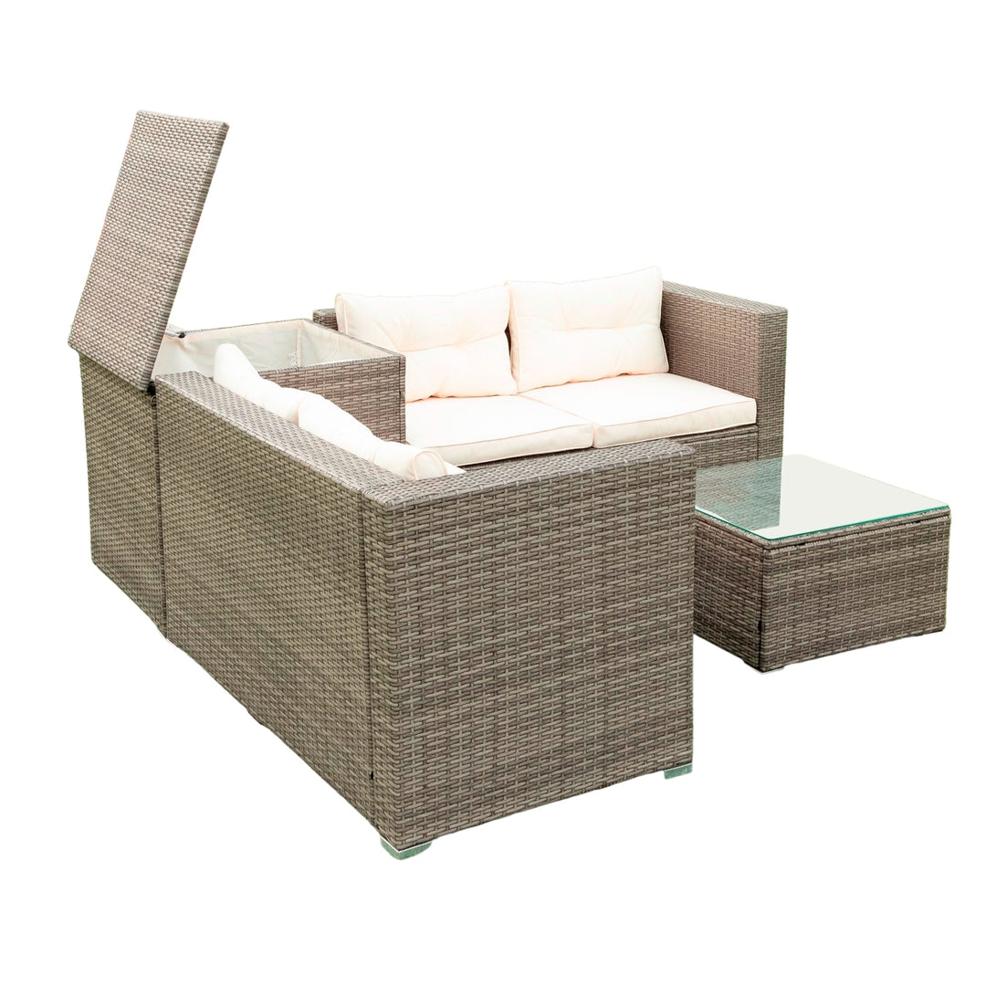 4 Piece Patio Sectional Wicker Rattan Outdoor Furniture Sofa Set with Storage Box - Creme