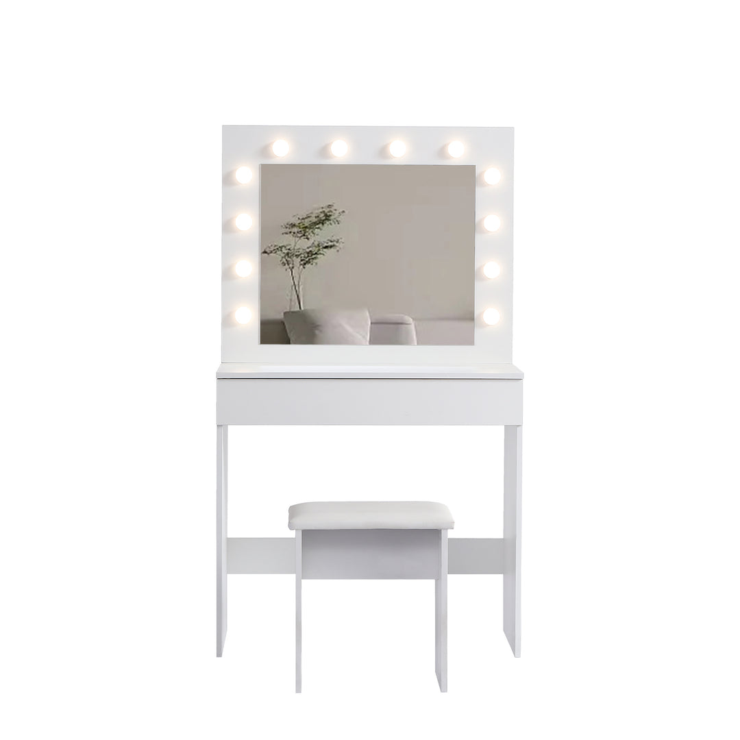 Vanity table with large lighted mirror, makeup vanity dressing table with drawer, 1pc upholstered stool ,12 light bulbs and adjustable brightness, white color