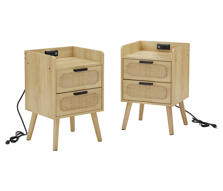 Rattan nightstand with socket side table natural handmade rattan（2PC,Natural ,15.55’’W*13.78’’D*23.82’’H）