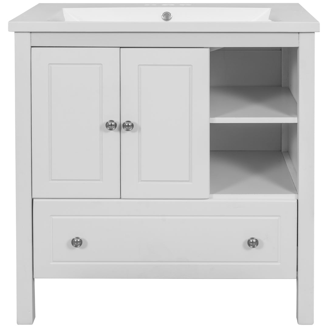 [VIDEO] 30" Bathroom Vanity with Sink, Bathroom Storage Cabinet with Doors and Drawers, Solid Wood Frame, Ceramic Sink, White