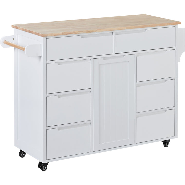 K&K Store Kitchen Cart with Rubber Wood Countertop , Kitchen Island has 8 Handle-Free Drawers Including a Flatware Organizer and 5 Wheels for Kitchen Dinning Room, White