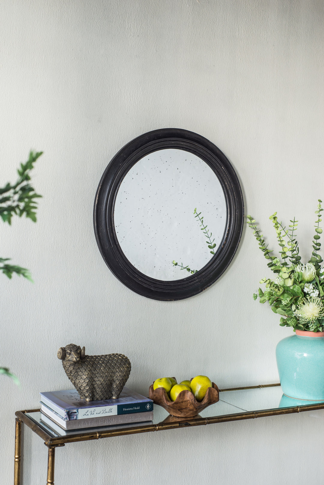 23.5" Circle Wall Mirror with Wooden Black Frame, Antique Classic Accent Mirror, for Living Room, Foyer, Bathroom, Office