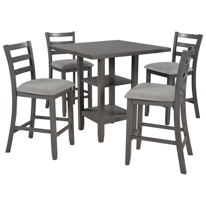 TREXM 5-Piece Wooden Counter Height Dining Set with Padded Chairs and Storage Shelving (Gray)