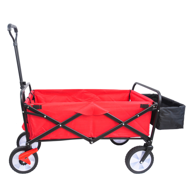 Folding station wagon garden shopping ATV with back frame and retractable handle.