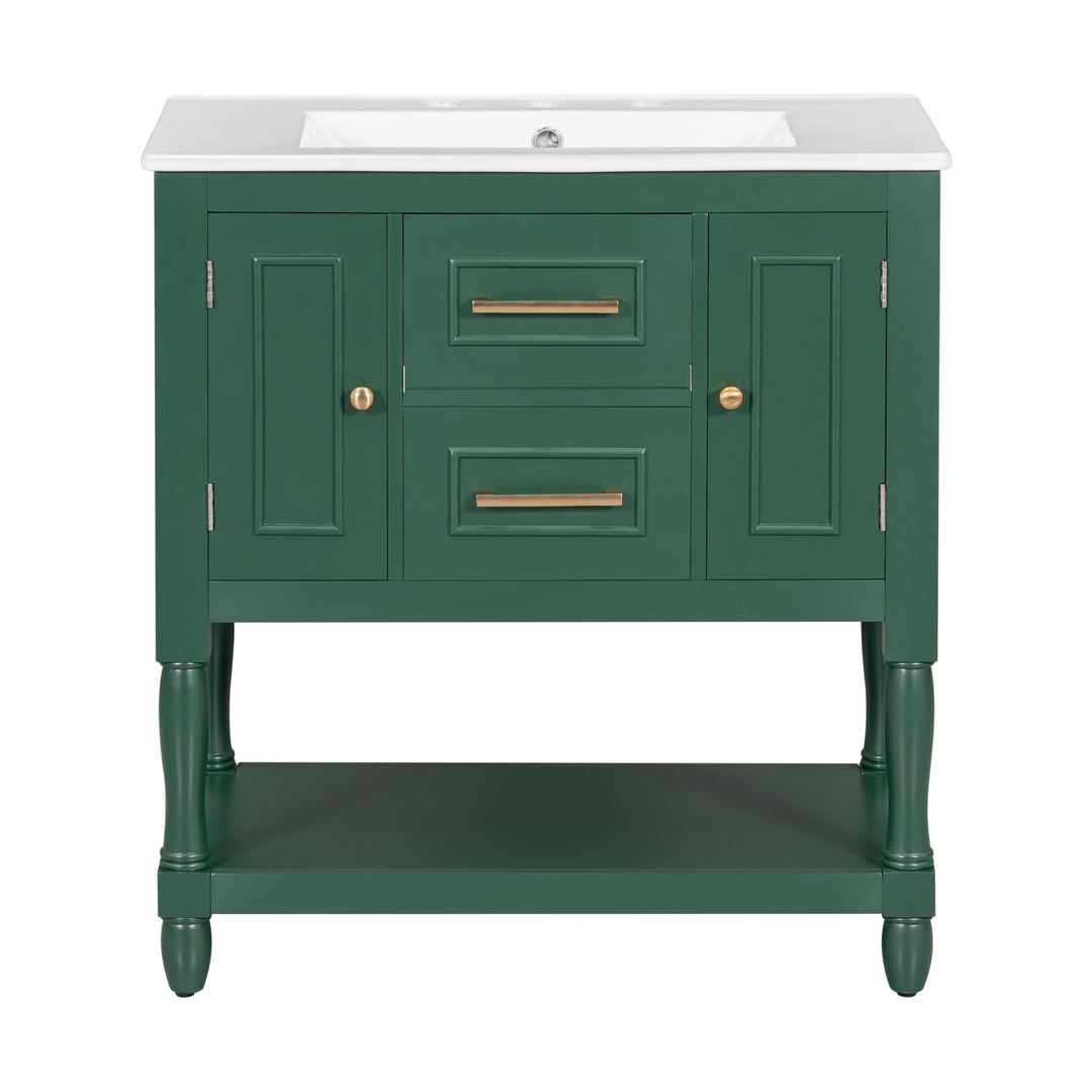 30" Bathroom Vanity with Sink Top, Bathroom Vanity Cabinet with Two Doors and Two Drawers, Solid Wood Frame, One Package, Green