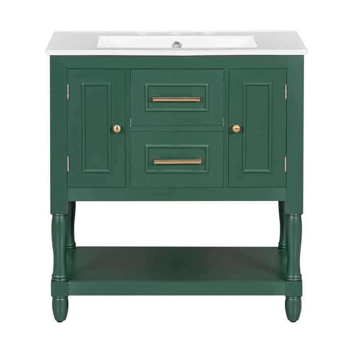 30" Bathroom Vanity with Sink Top, Bathroom Vanity Cabinet with Two Doors and Two Drawers, Solid Wood Frame, One Package, Green