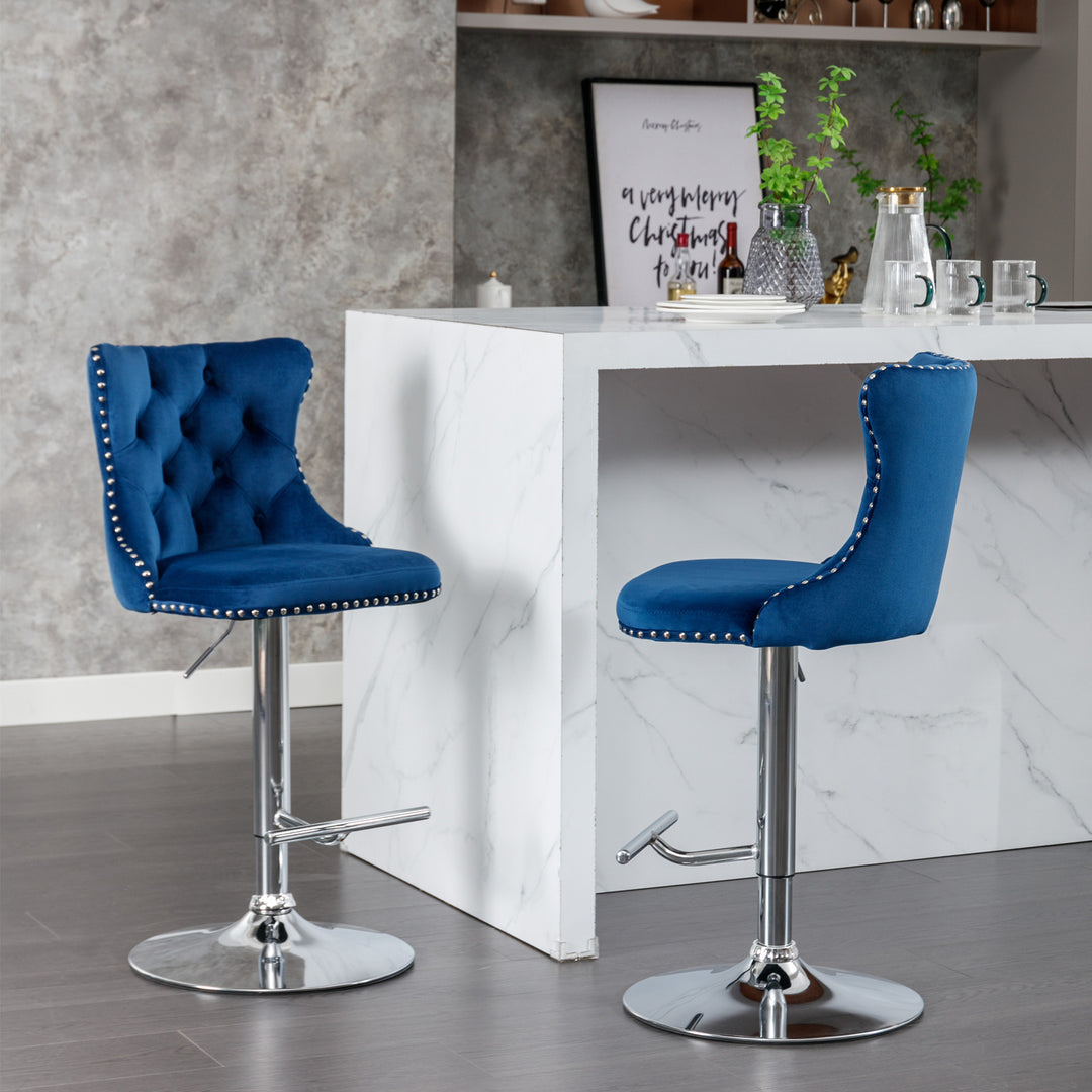 A&A Furniture,Swivel Velvet Barstools Adjusatble Seat Height from 25-33 Inch, Modern Upholstered Chrome base Bar Stools with Backs Comfortable Tufted for Home Pub and Kitchen Island（Blue,Set of 2）