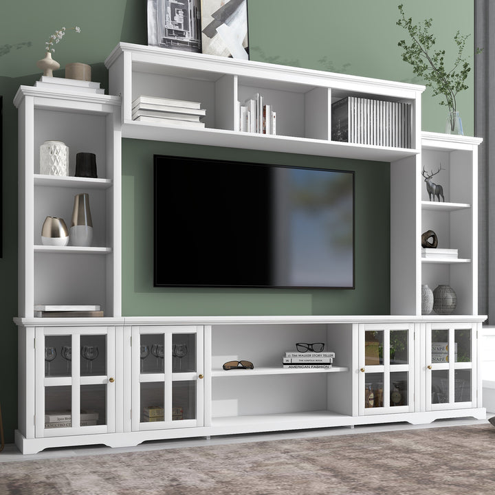 [VIDEO provided] ON-TREND Minimalism Entertainment Wall Unit with Bridge, Modern TV Console Table for TVs Up to 70", Multifunctional TV Stand with Tempered Glass Door, White (Old SKU: SD000009AAK)