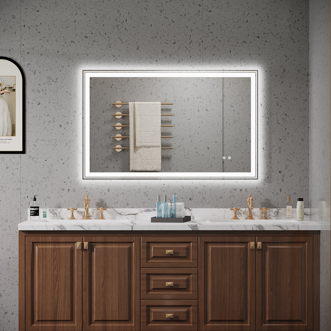 48×30 inch LED-Lit bathroom tempered mirror, wall mounted anti-fog memory Adjustable Brightness front and back light Rectangular Vanity mirror