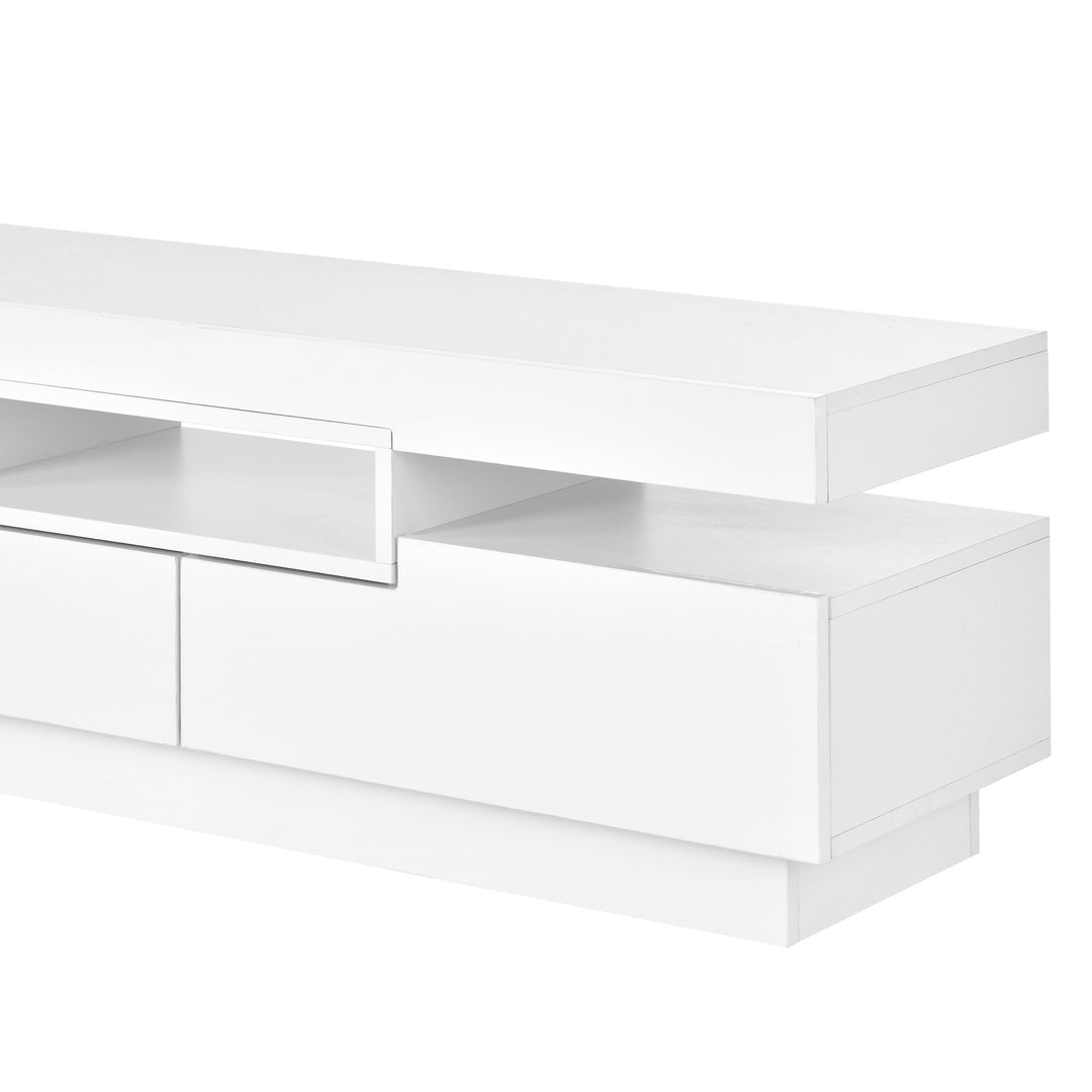 On-Trend TV Stand with 4 Open Shelves, Modern High Gloss Entertainment Center for 75 Inch TV, Universal TV Storage Cabinet with 16-color RGB LED Color Changing Lights, White