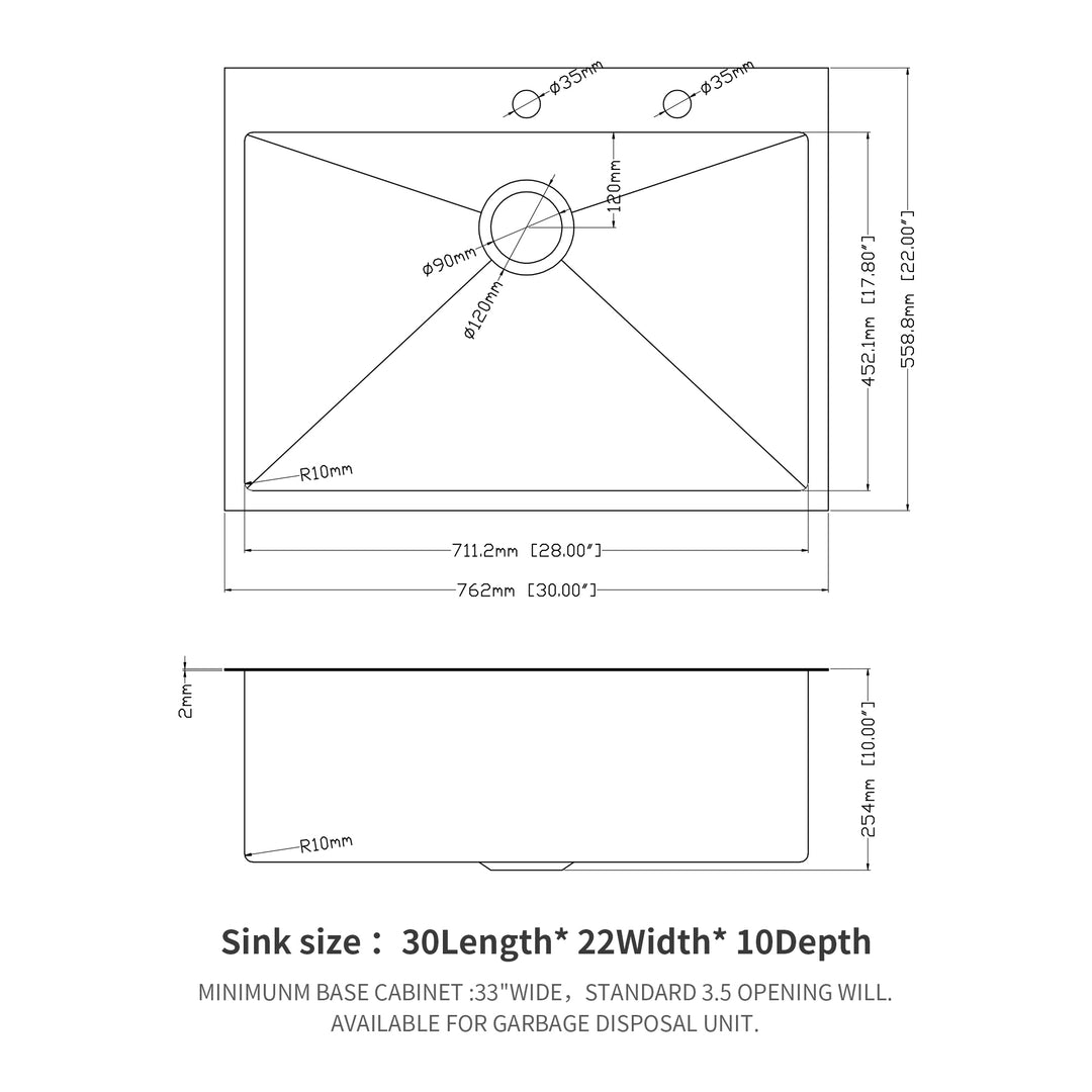 30x22 inch Kitchen Sink Drop In 16 Gauge Stainless Steel 30" Single Bowl Topmount Kitchen Sink Basin