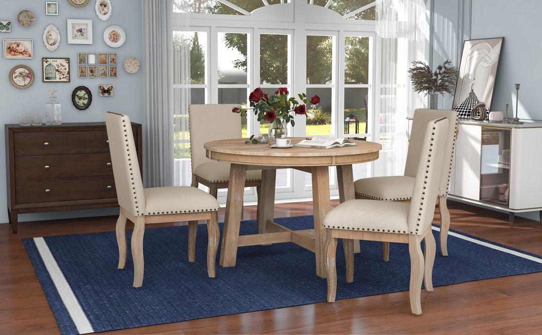 TREXM 5-Piece Farmhouse Dining Table Set Wood Round Extendable Dining Table and 4 Upholstered Dining Chairs (Natural Wood Wash)