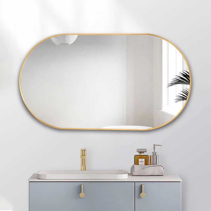 Wall Mounted Mirror, 36"x18" Oval Bathroom Mirror, Gold Vanity Wall Mirror w/ Stainless Steel Metal Frame & Pre-Set Hooks for Vertical & Horizontal Hang, Ideal for Bedroom, Bathroom