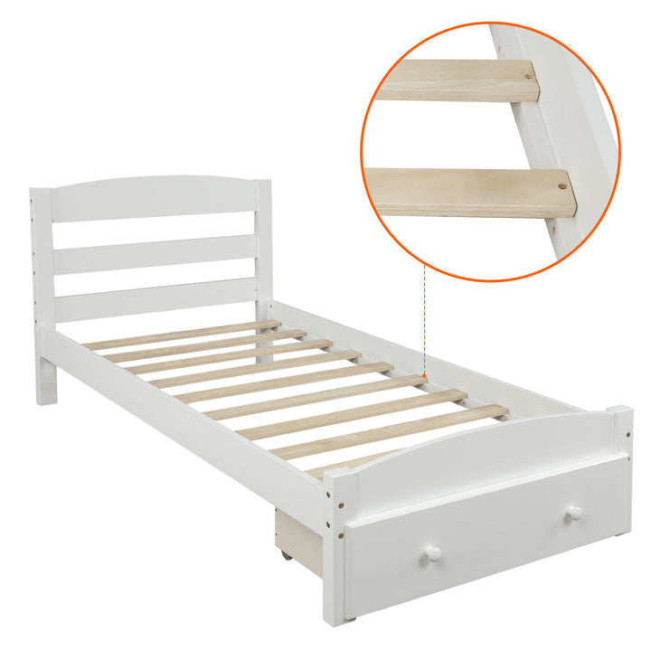 Platform Twin Bed Frame with Storage Drawer and Wood Slat Support No Box Spring Needed, White