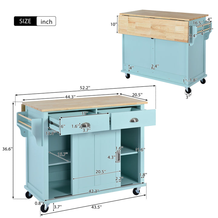 Kitchen Cart with Rubber wood Drop-Leaf Countertop, Concealed sliding barn door adjustable height,Kitchen Island on 4 Wheels with Storage Cabinet and 2 Drawers,L52.2xW30.5xH36.6 inch, Mint Green