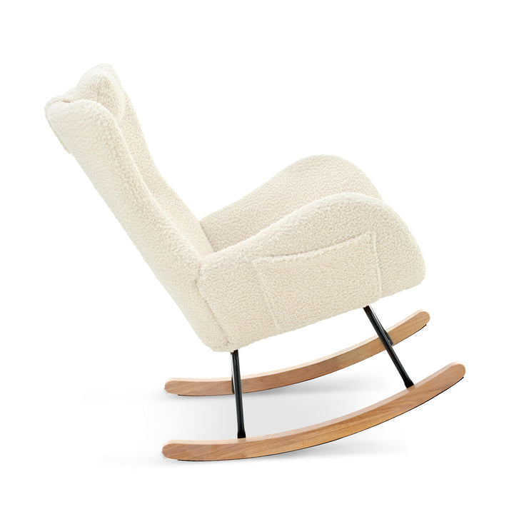 Rocking Chair Nursery, Teddy Upholstered Rocker Glider Chair with High Backrest, Adjustable Headrest & Pocket, Comfy Glider Chair for Nursery, Bedroom, Living Room, Offices, Rubber wood, beige