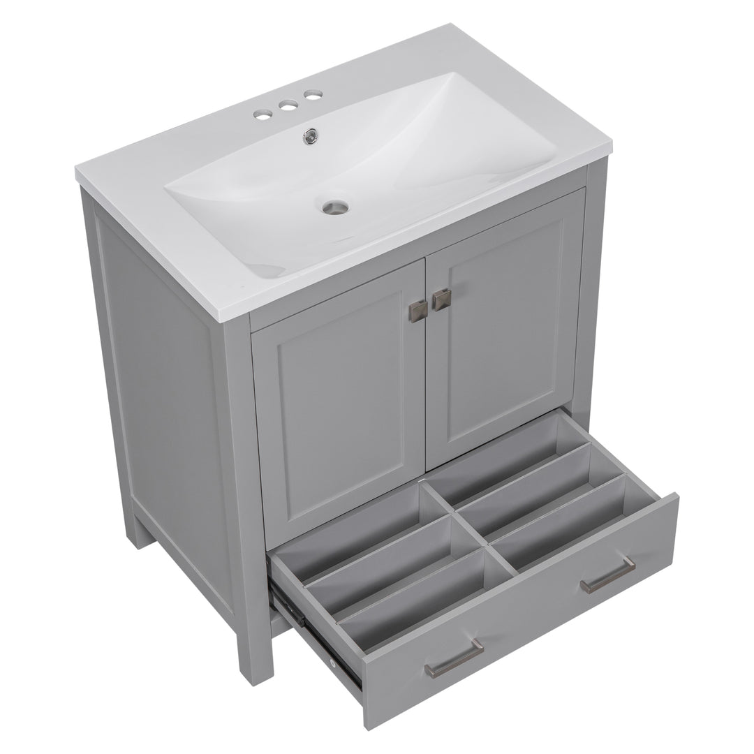 30" Grey Bathroom Vanity with Single Sink, Combo Cabinet Undermount Sink, Bathroom Storage Cabinet with 2 Doors and a Drawer, Soft Closing, Multifunctional Storage, Solid Wood Frame