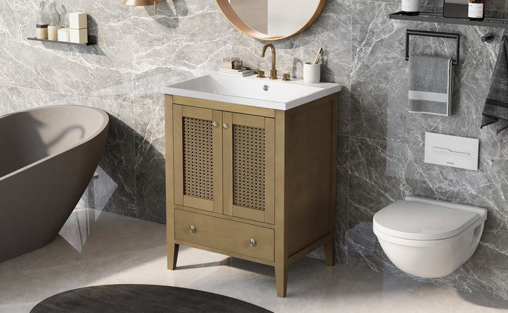 24" Bathroom Vanity with Ceramic Basin, Rattan Bathroom Storage Cabinet with Two Doors and Drawer, Solid Frame, Natural (OLD SKU: JL000008AAD)