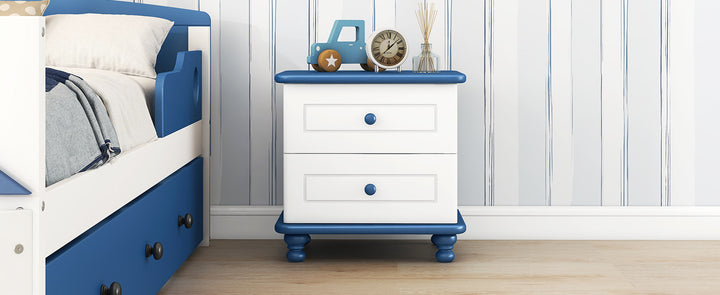 Wooden Nightstand with Two Drawers for Kids,End Table for Bedroom,White+Blue