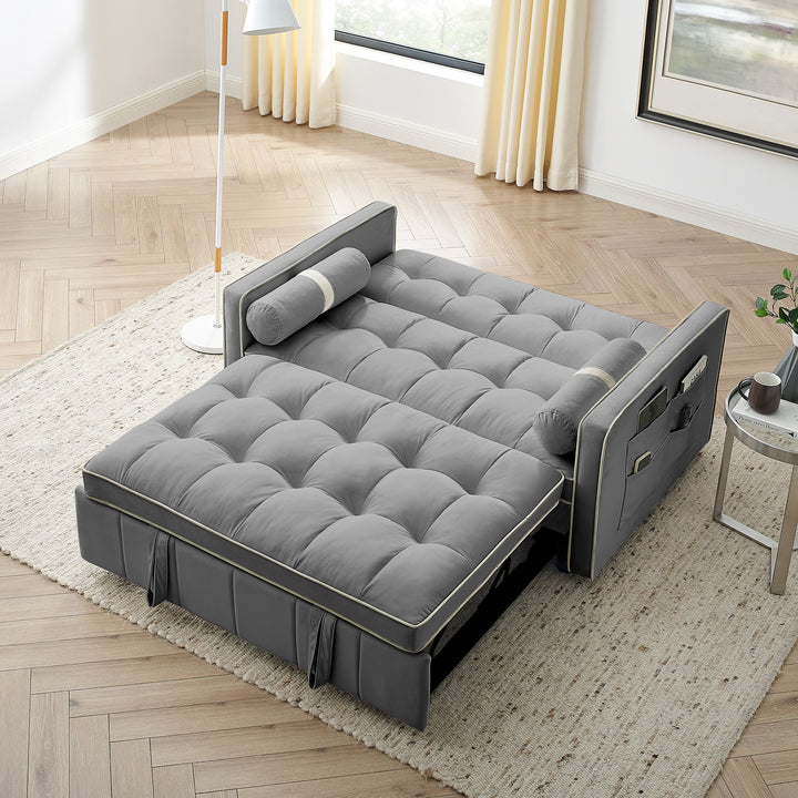 Modern 55.5" Pull Out Sleep Sofa Bed 2 Seater Loveseats Sofa Couch with side pockets, Adjsutable Backrest and Lumbar Pillows for Apartment Office Living Room