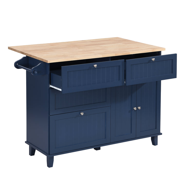 TOPMAX Farmhouse Kitchen Island Set with Drop Leaf and 2 Seatings,Dining Table Set with Storage Cabinet, Drawers and Towel Rack, Blue+Black+Brown