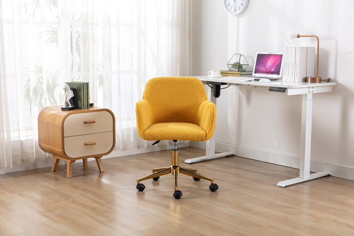 Modern Teddy Fabric Material Adjustable Height 360 Revolving Home Office Chair With Gold Metal Legs And Universal Wheel For Indoor,Yellow