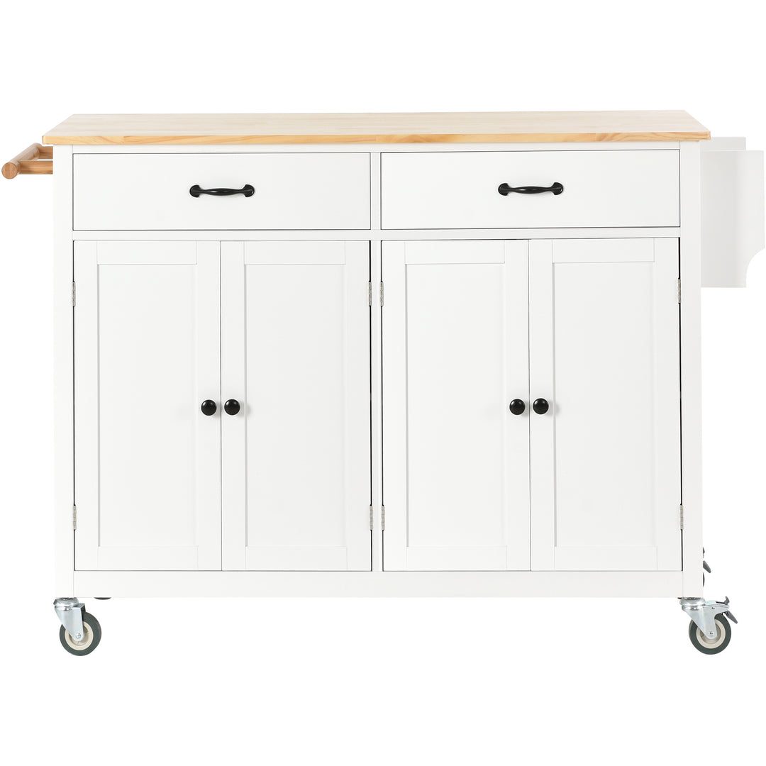 Kitchen Island Cart with Solid Wood Top and Locking Wheels,54.3 Inch Width,4 Door Cabinet and Two Drawers,Spice Rack, Towel Rack (White)