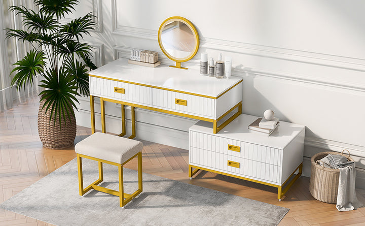 GO Modern Style Vanity Table With Movable Side Cabinet And 4-Drawers, Large Size Dressing Table With Mirror and 3-colors LED Light, Makeup Table With Stool, White, Golden Legs