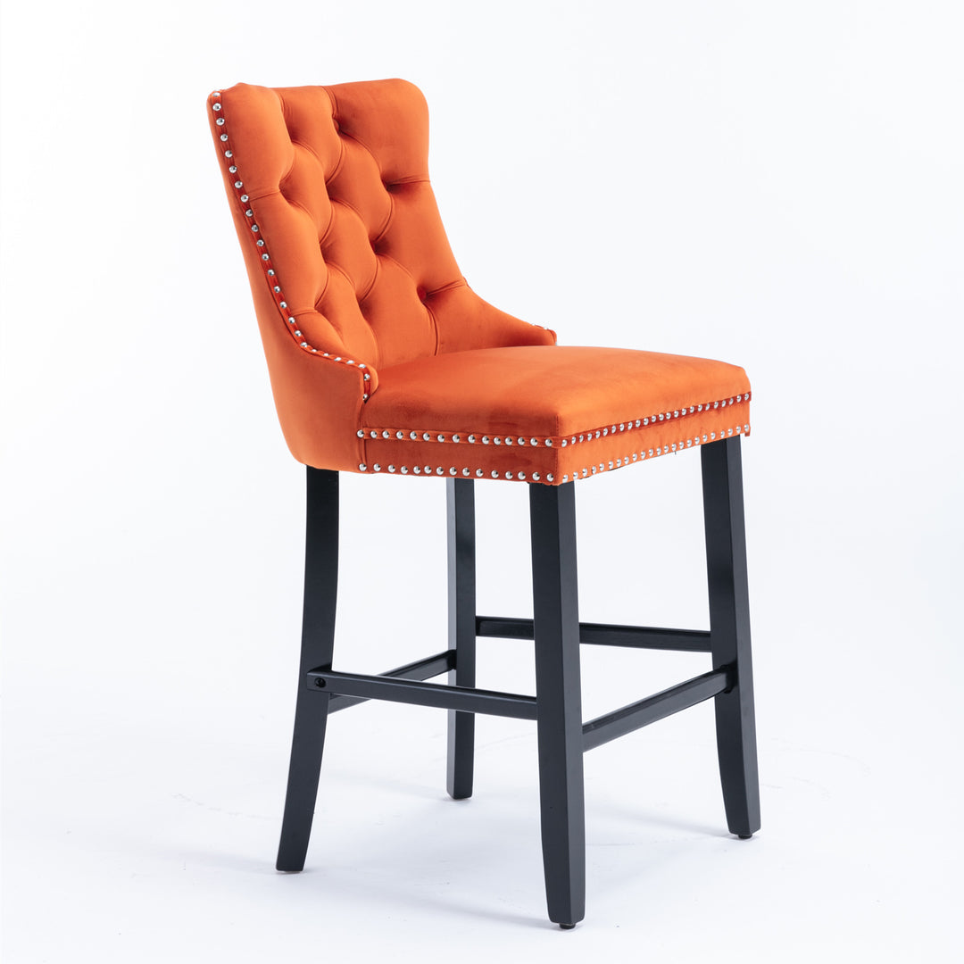 A&A Furniture,Contemporary Velvet Upholstered Barstools with Button Tufted Decoration and Wooden Legs, and Chrome Nailhead Trim, Leisure Style Bar Chairs,Bar stools, Set of 2 (Orange)