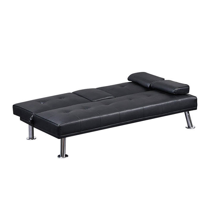 Black Faux Leather Loveseat Sofa Bed with Cup Holders , Convertible Folding Sleeper Couch Bed .