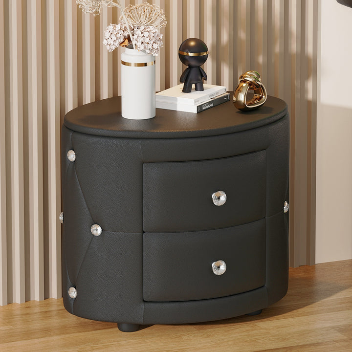 Elegant PU Nightstand with 2 Drawers and Crystal Handle,Fully Assembled Except Legs&Handles,Storage Bedside Table - Black