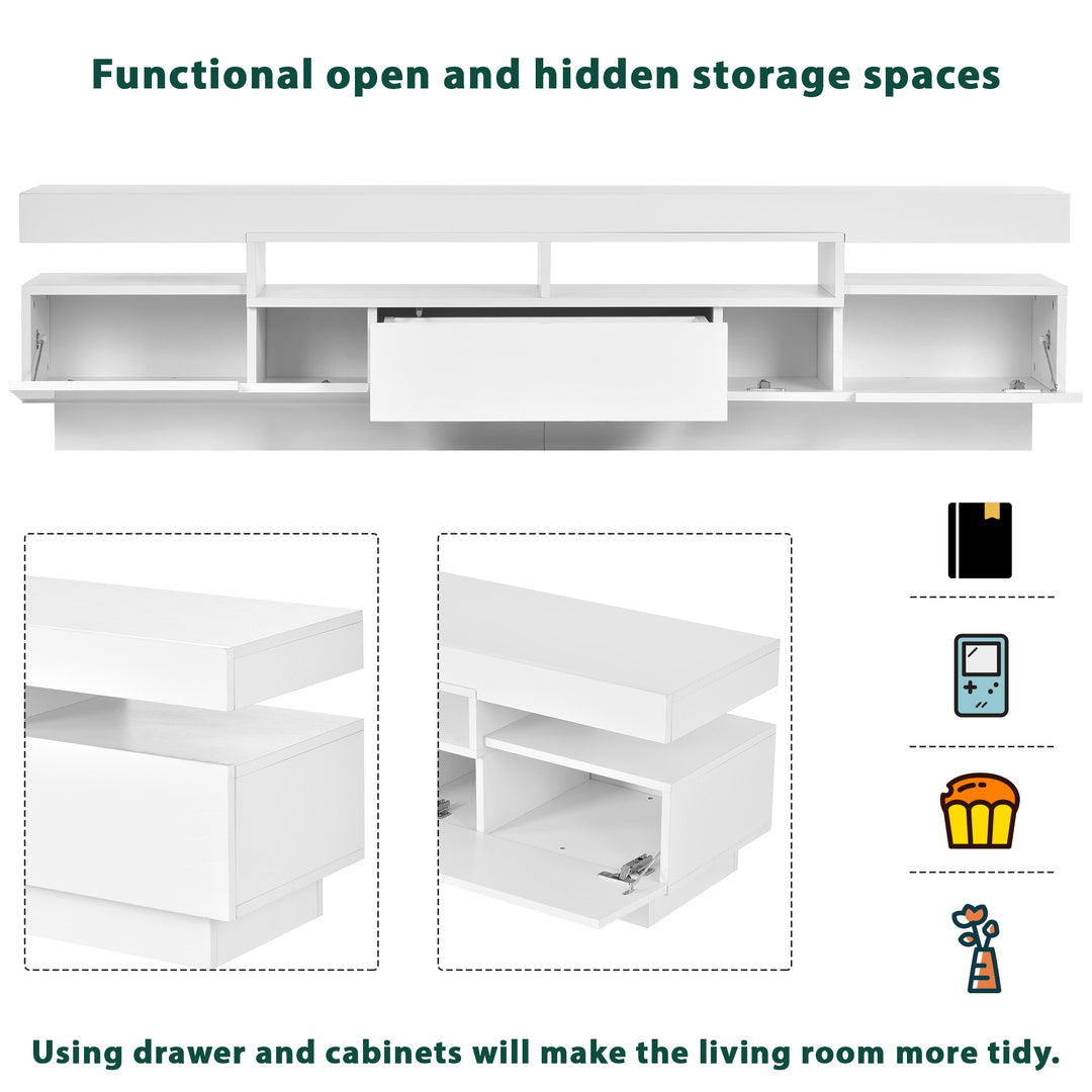 On-Trend TV Stand with 4 Open Shelves, Modern High Gloss Entertainment Center for 75 Inch TV, Universal TV Storage Cabinet with 16-color RGB LED Color Changing Lights, White