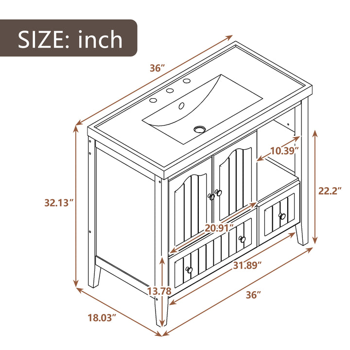 [VIDEO] 36" Bathroom Vanity with Ceramic Basin, Bathroom Storage Cabinet with Two Doors and Drawers, Solid Frame, Metal Handles, Brown (OLD SKU: JL000003AAD)