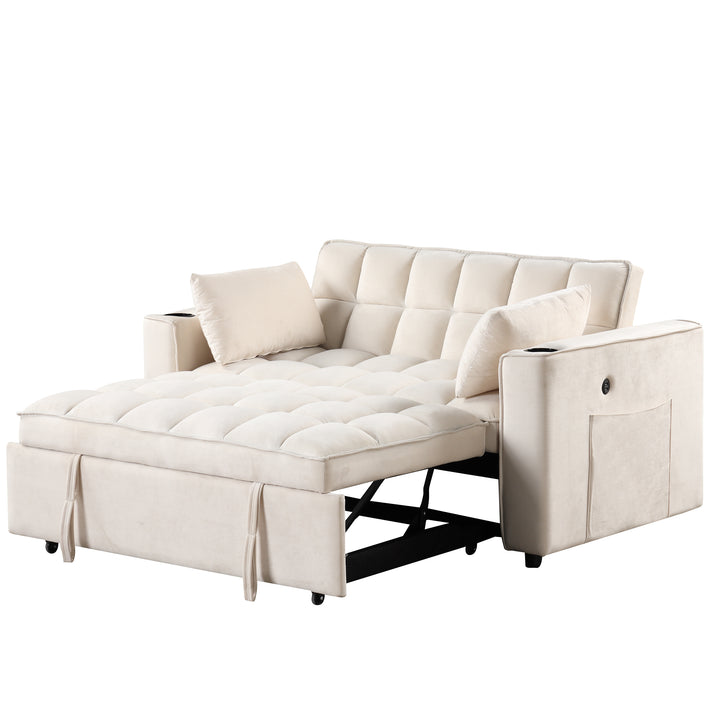 55.3" 4-1 Multi-functional Sofa Bed with Cup Holder and USB Port for Living Room or Apartments Milky White