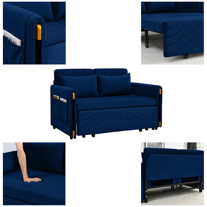 MH 54" Modern Convertible Sofa Bed with 2 Detachable Arm Pockets, Velvet Loveseat Multi-position adjustable Sofa with Pull Out Bed with Bedhead, 2 Pillows and Living Room, Blue