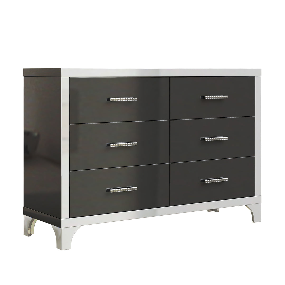 Elegant High Gloss Dresser with Metal Handle,Mirrored Storage Cabinet with 6 Drawers for Bedroom,Living Room,Black