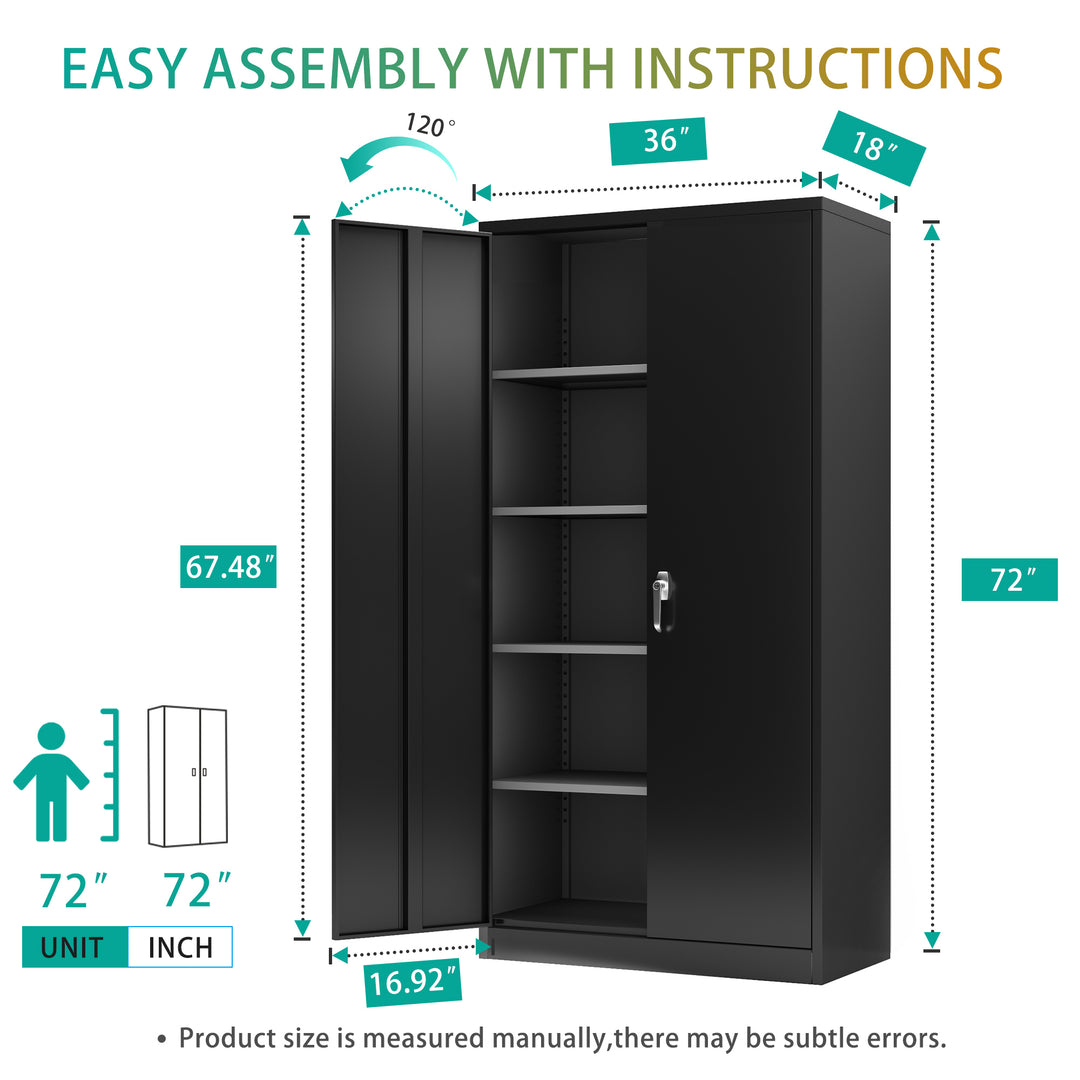 Metal Storage Cabinet,Steel Storage Cabinet with 2 Doors and 4 Adjustable Shelves,Black Metal Cabinet with Lock,72"Tall Steel